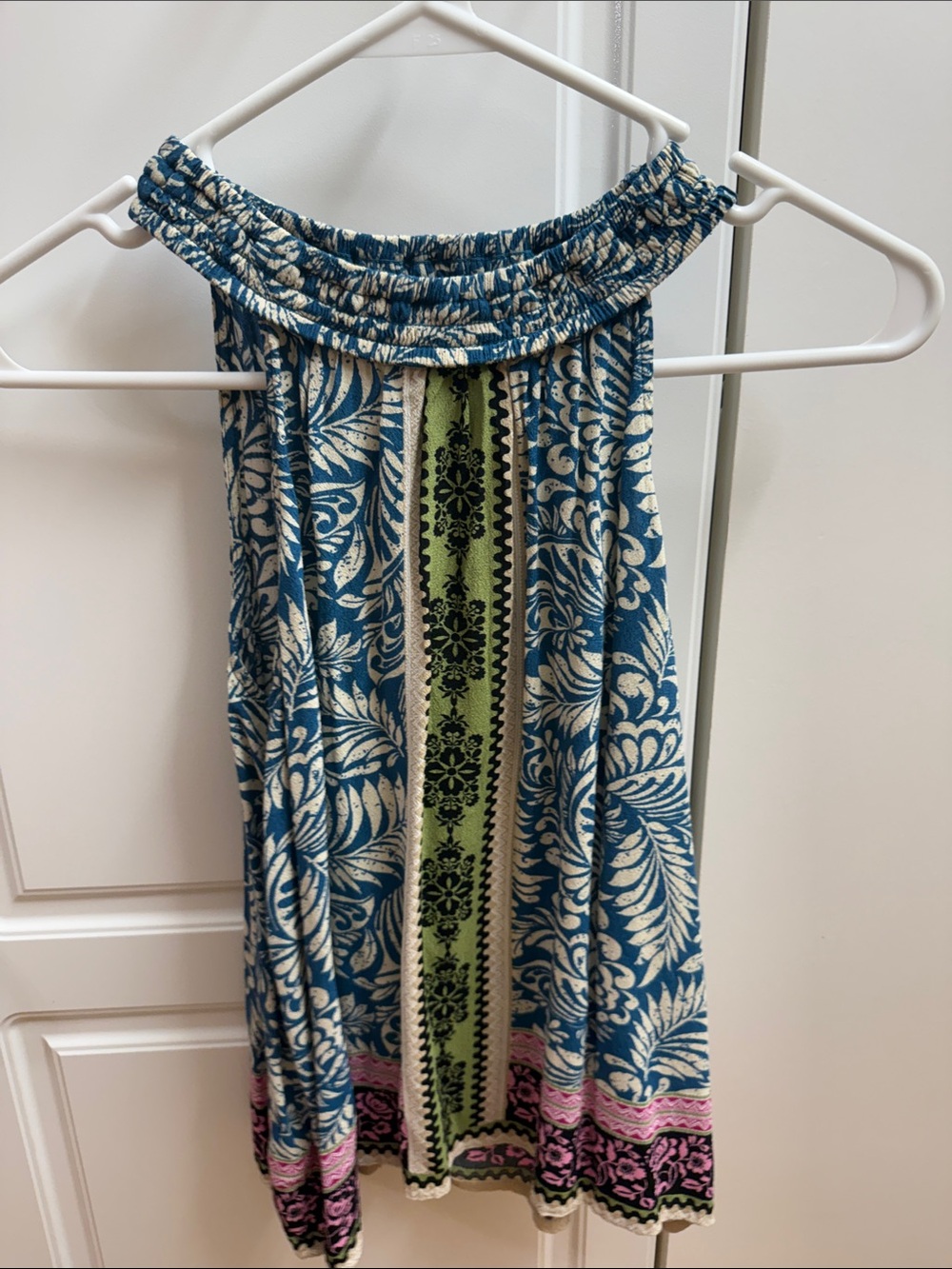 LOFT Blue Cream Floral Halter Top with Green and Pink Trim